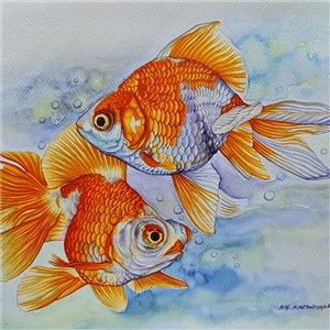 ภาพสีน้ำ ปลาทองคู่ /ไม่รวมกรอบ