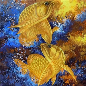 ภาพเขียน ปลามังกรทองคู่ เน้นความเจริญรุ่งเรือง