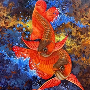 ภาพเขียน ปลามังกรแดง เสริมบารมี มั่งมี มั่งคั่ง 